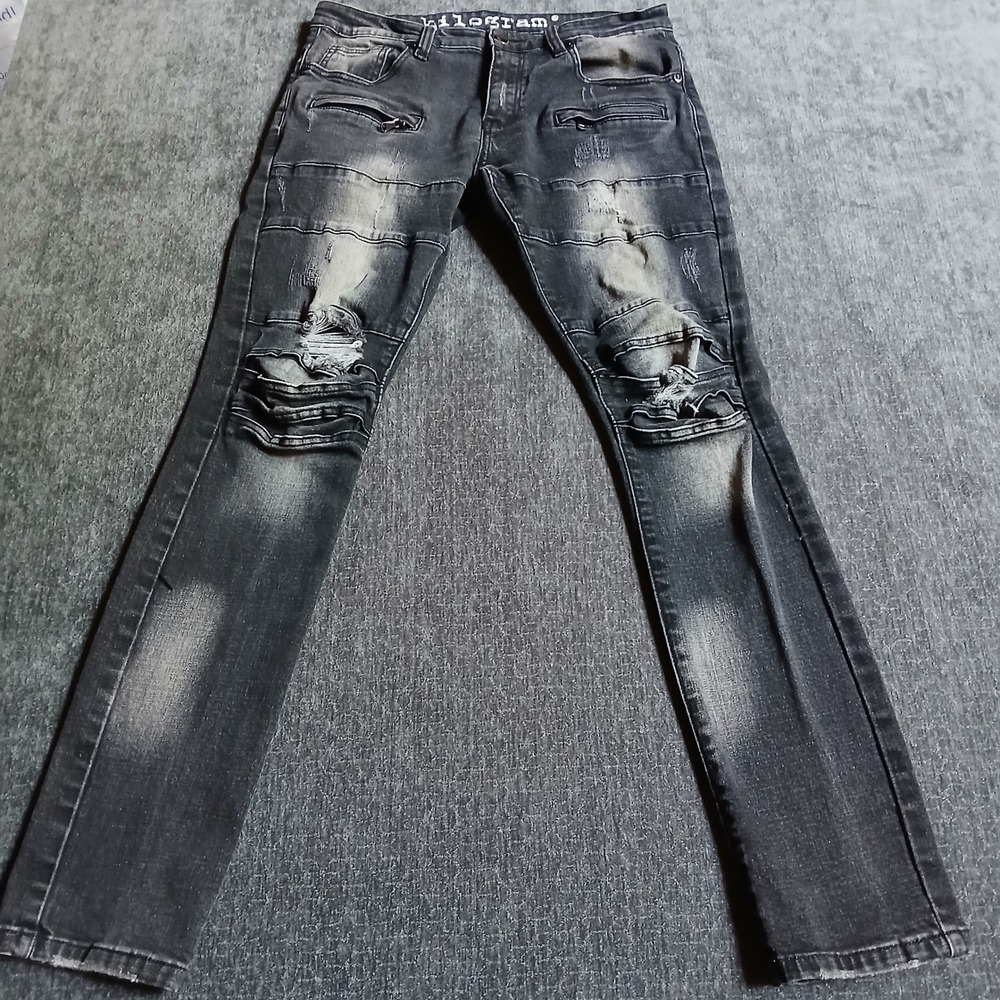 Kilogram Mens Distressed Moto Biker Jeans Black Faded Ripped Skinny Size 32